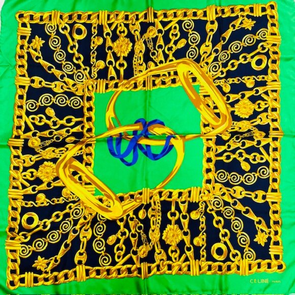 Elegance Soft   Celine Paris  Scarf  100% Silk 34"x35"Green black Gold Chain(S75 - Picture 7 of 9